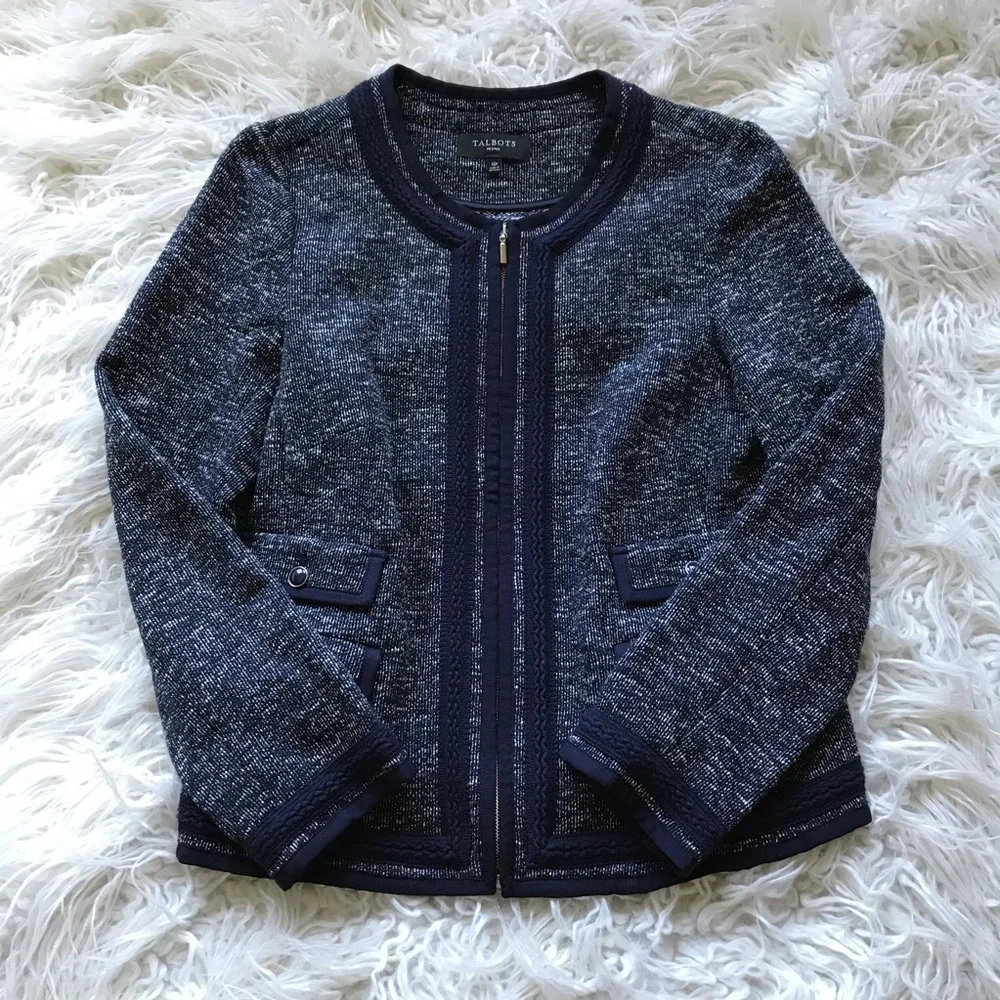 Talbots Marled Jewel‎ Neck Navy-White Coat